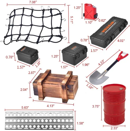 Miniatura 5 de GLABACT - 10 piezas RC Crawler decoración del techo del automóvil, red de equipaje, tambor de aceite/caja de madera/tanque de combustible/tablero