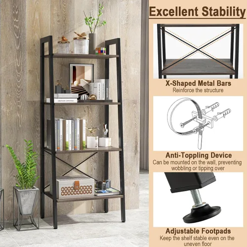 Miniatura 8 de Tangkula Estantería de escalera, estantería industrial de madera de 4 niveles con marco de metal, dispositivo antivuelco, estante de escalera