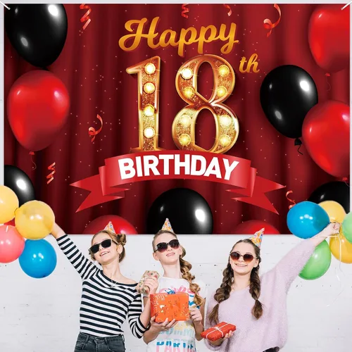 Miniatura 5 de Cartel rojo de feliz cumpleaños 18 años, telón de fondo dorado con globos rojos y negros, decoración temática para niñas y mujeres, princesa de 18