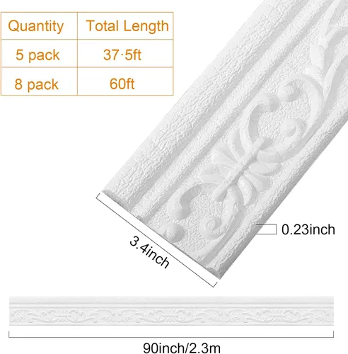 Miniatura 3 de TaoBary 8 rollos de 90 x 3 pulgadas autoadhesivo de espuma flexible para moldura de papel tapiz con borde 3D, líneas de pared decorativas adhesivas