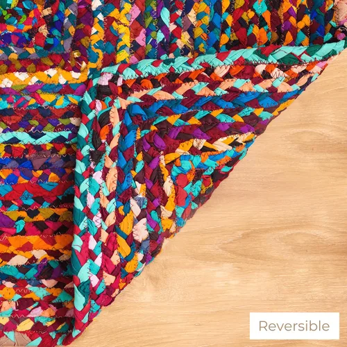 Miniatura 4 de RAJRANG Alfombra reversible Chindi de trapo, de algodón de 2 x 3 pies, hecha a mano, trenzada, multicolor, alfombra bohemia