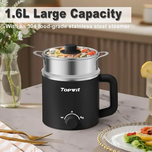 Miniatura 4 de Topwit Cocina eléctrica con vapor, olla de ramen de 1.6 L y hervidor eléctrico de agua caliente de vidrio de 1 litro