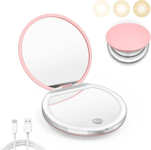 Miniatura 10 de Kakuje Espejo compacto con luz, espejo de bolsillo LED de aumento 1X/3X con cable de datos USB, mini espejo para bolso, bolsillo, viaje y regalo