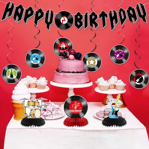 Miniatura 7 de Crenics Decoraciones de cumpleaños de Rock and Roll: pancarta de feliz cumpleaños, remolinos colgantes y centros de mesa de panal para suministros
