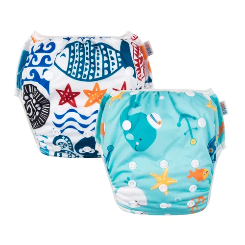 Miniatura 58 de Alva, Pañales de bebé para nadar, paquete de 2 unidades, talle único, reutilizable, lavable y ajustable de 0 a 36 meses. Tamaño de 10 a 40 lbs