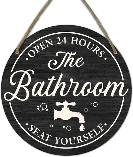 Miniatura 7 de Divertidos letreros decorativos para baño, con texto en inglés «Bathroom Open 24 Hours Please Seat Yourself», letrero colgante de madera rústica