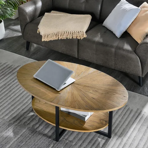Miniatura 5 de Mesa de Centro Ovalada de Madera Maciza con Patas de Metal Cruzadas, Mesa Central Industrial Moderna de 43.3 Pulgadas con Estante Abierto Mesa