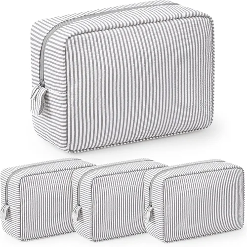 Sanwuta 3 bolsas de maquillaje de sirsaca, bolsas de cosméticos de sirsaca a rayas para mujer, organizador de artículos de tocador de viaje grandes,
