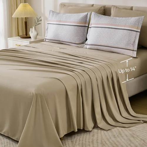 Miniatura 6 de WONGS BEDDING Juego de edredón Beige tamaño Queen, juego de 7 piezas de edredón y sábanas con tiras en una bolsa, juego de ropa de cama