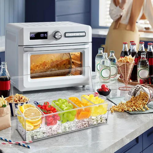Miniatura 3 de Servidor de condimentos de 5 compartimentos, recipientes de condimentos enfriados con hielo, bandeja transparente para servir condimentos sobre
