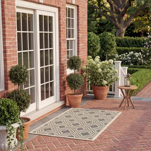 Miniatura 7 de SAFAVIEH Alfombra lavable para exteriores, colección Patio de 2.3 x 6.7 pies, beige y azul marino, no desprende pelusa y es fácil de limpiar, ideal
