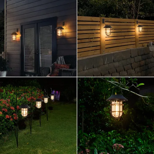 Miniatura 6 de Farol solar colgante para exteriores, luces solares impermeables de metal para exteriores con vidrio transparente, linterna de pared de aluminio