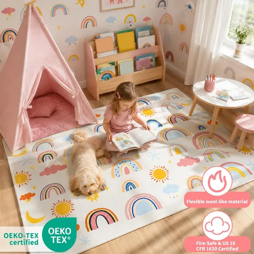 Miniatura 3 de Alfombra de arco iris para niños, 3 pies 3 pulgadas x 4 pies 11 pulgadas, alfombra suave para niños, alfombra grande lavable espacial