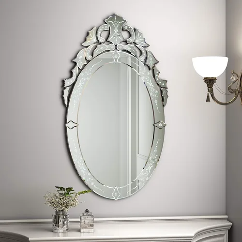 Miniatura 4 de KOHROS Espejo Ovalado para Baño de 42" x 24" Espejo Veneciano con Corona Superior Floral Grabada Sin Marco Espejo Decorativo de Pared para Tocador