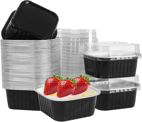 50 Pcs Mini Square Baking Cups with Lids,5oz Aluminum Foil Mini Cake Pans with Lids,Disposable Ramekins Cake Pans,150ml Dessert Cups Cupcake Pans