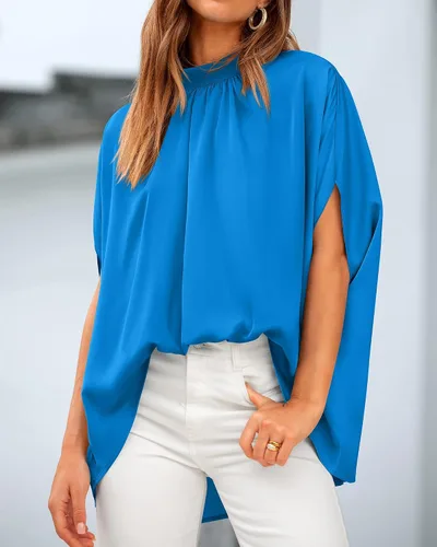 Miniatura 82 de BTFBM Blusas de verano para mujer, cuello alto falso, manga murciélago, holgadas, dobladillo alto y bajo, blusas informales de gran