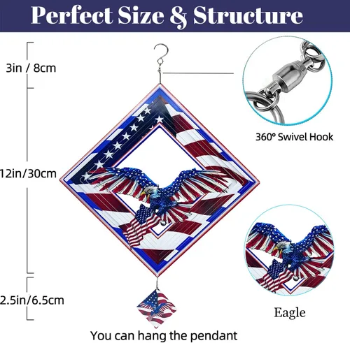 Miniatura 3 de Hilanderos de Águila para Patio y Jardín, Hilandero de Viento Colgante, Atrapadores de Viento 3D de Metal, Hilandero Cinético de Bandera Americana