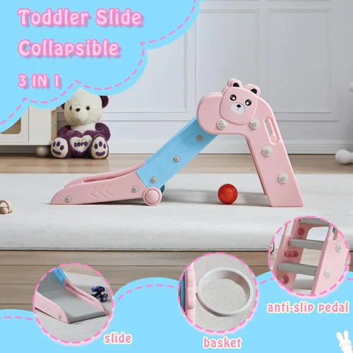 Miniatura 5 de GITAWUSA Tobogán plegable para niños pequeños, juego de toboganes de plástico para interiores con aro de baloncesto y pelota Rosa Azul