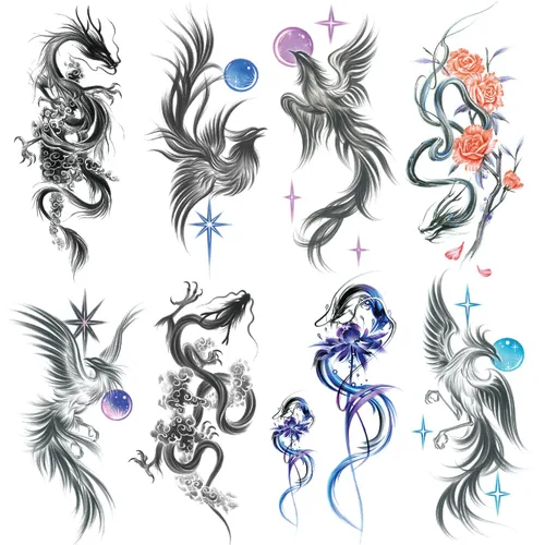 Miniatura 17 de 8 hojas de tatuajes temporales negros con flechas, brújulas, plumas, dragones, anclas, espadas, serpientes, árboles y flores para el brazo