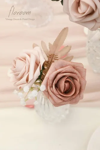 Miniatura 4 de Floroom Flores artificiales, 25 piezas de rosas falsas de espuma de color melocotón Morandi de aspecto real con tallos para ramos de boda, Sombras