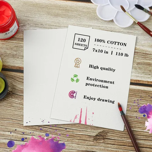 Miniatura 3 de Silunkia 120 hojas de papel de acuarela 100% algodón, 7 x 10, 140 libras/10.58 oz/m², papel blanco pesado prensado en frío, para estudiantes