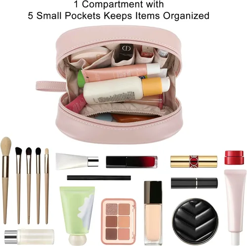 Miniatura 3 de E-Tree Bolsa de maquillaje de piel sintética para mujer, organizador de cosméticos de viaje con doble cremallera, bolsa de aseo pequeña impermeable