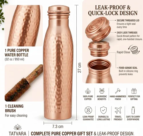 Miniatura 3 de 100% Pure Copper Water Bottle 32 oz / 950 ml - Leak Proof Bottle,Handmade Hammered Design, BPA Free Reusable Bottle for Yoga Gym Travel