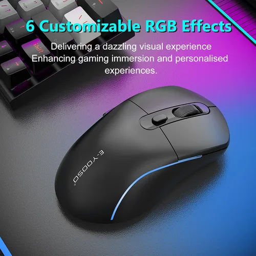 Miniatura 5 de E-YOOSO Mouse inalámbrico para juegos, 10,000 DPI, trimodo de 2.4 GHz/Bluetooth/USB-C con cable, retroiluminación RGB, 6 botones programables, mouse