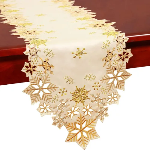 Caminos de mesa bordados con copos de nieve para Navidad e invierno (dorado, 14 x 90 pulgadas)