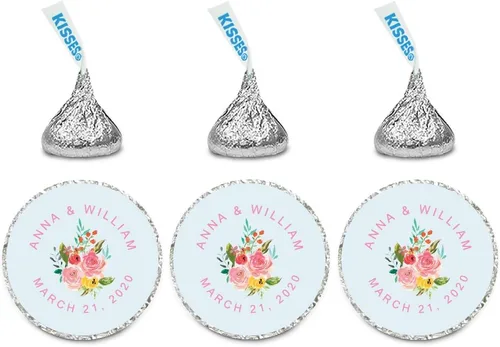 Miniatura 15 de Andaz Press Etiquetas personalizadas de gota de chocolate para boda, nombres y fecha redondos de novios, azul bebé, paquete de 240, personalizadas