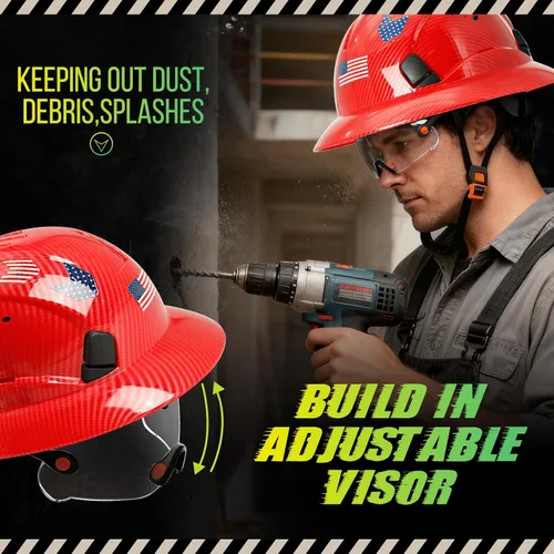 Miniatura 3 de Casco duro de ala completa con patrón de fibra de carbono con visera, casco de seguridad de construcción aprobado por la OSHA para hombres y Fibra