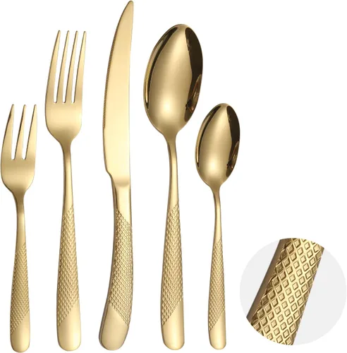 Miniatura 20 de Modern Silverware - Juego de cubiertos martillados de acero inoxidable de 20 piezas para 4 personas, incluye tenedores, cucharas, cuchillos, plateado