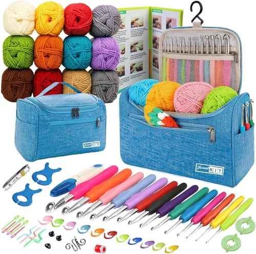 Miniatura 10 de Juegos de ganchillo Yarniss con hilo, 1120 yardas de carretes de hilo de ganchillo suave, 10 tamaños de ganchos de ganchillo ergonómicos con bolsa