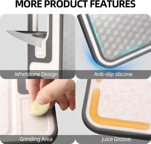 Miniatura 7 de Tablas de cortar 2 en 1 no tóxicas para aficionados a la cocina gourmet, acero inoxidable 304 y paja de trigo de grado alimenticio, diseño de doble