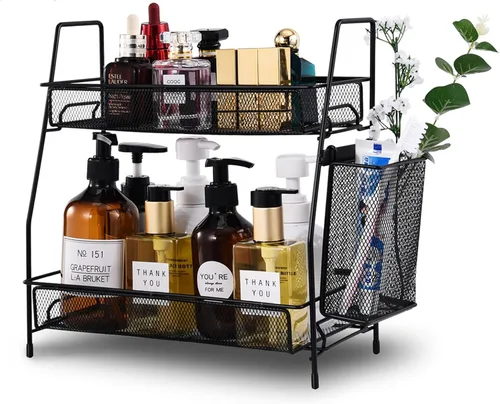 LEMIKKLE Organizador de encimera de baño de 2 niveles, cuidado de la piel, organizadores de encimera de maquillaje, cocina, almacenamiento de negro