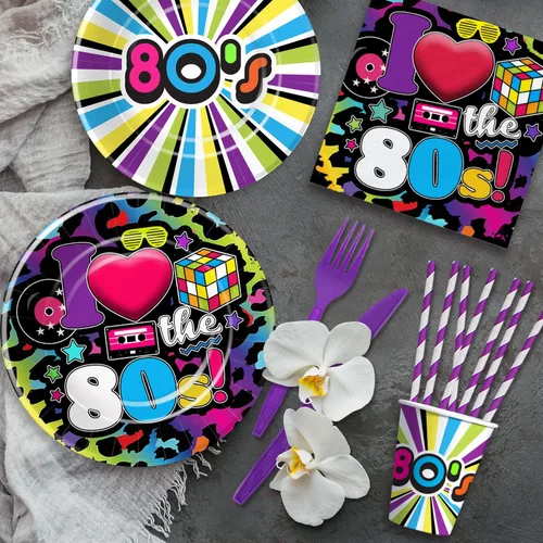 Miniatura 4 de Vajilla de decoración de fiesta de los años 80 – Los suministros para fiestas temáticas de los 80 incluyen platos de papel, vasos, servilletas