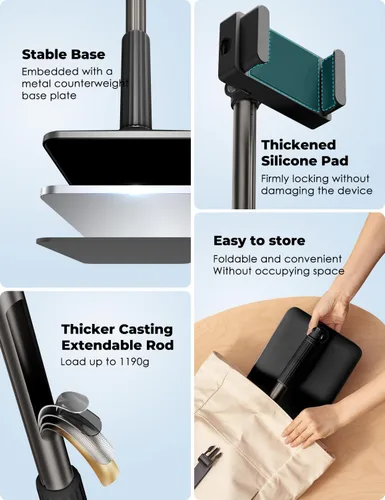 Miniatura 5 de Viozon Soporte de Piso para Tablet con Brazo Largo Flexible y Soporte para Teléfono, Ajustable en Ángulo 360°, Aleación de Aluminio, para Cama