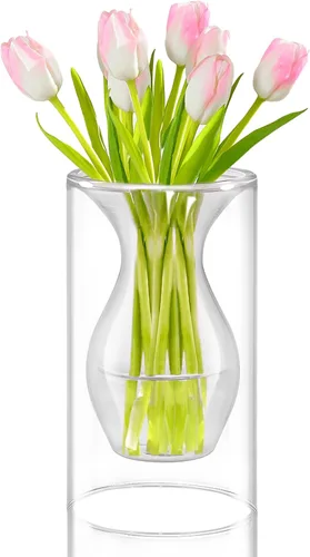 Miniatura 9 de ZENS Florero Pequeño de Flor Rosa Único, Florero de Vidrio Transparente Flotante Doble Hueco, Moderno Jarrón Decorativo Soplado a Mano Fresco