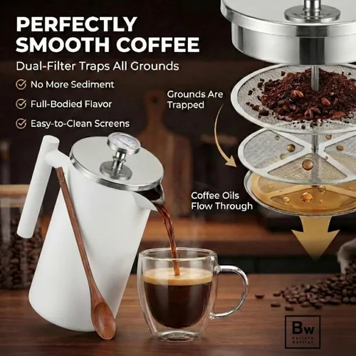Miniatura 3 de Barista Warrior Prensa francesa con termómetro, prensa de café aislada, cafetera de acero inoxidable (1.0L 34 fl oz) (blanco)