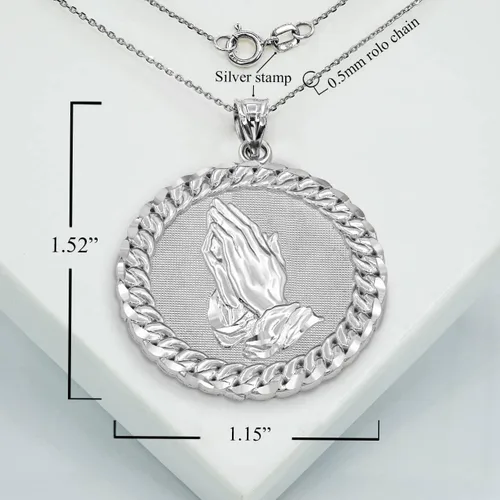 Miniatura 2 de Collar y colgante de plata de ley 925 maciza con eslabones cubanos y marco redondo solo