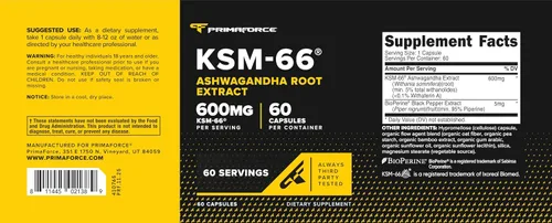 Miniatura 5 de Primaforce KSM-66 Extracto de raíz de Ashwagandha (600 mg) 60 cápsulas vegetarianas - 5% Withanólidos con BioPerine