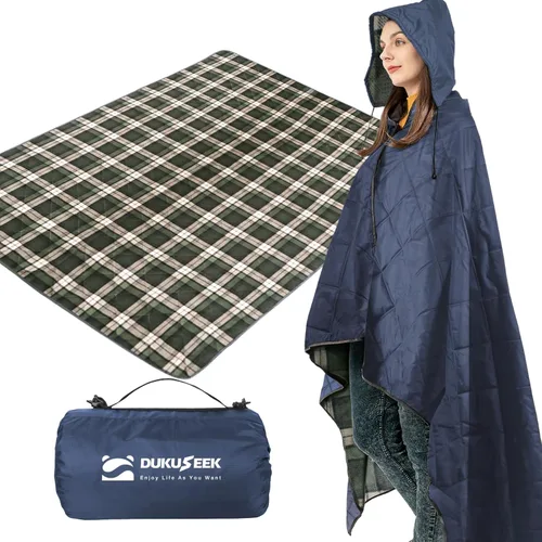 Miniatura 29 de DUKUSEEK - Manta de camping portátil para exteriores con capucha, manta grande plegable para mochileros con capucha para estadios, edredón ligero