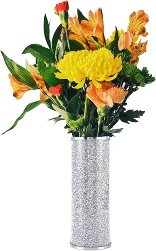 Jarrón de cristal de cristal, 10 pulgadas de alto, lujoso jarrón de flores grandes de diamante triturado plateado, para decoración del hogar, sala
