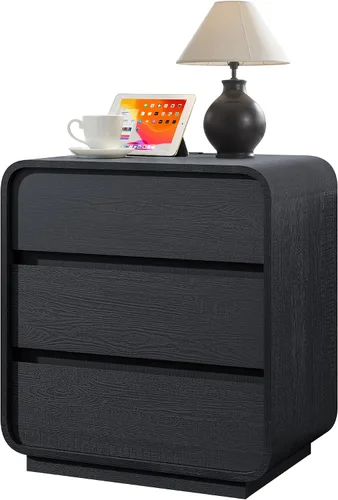 Standifurno Mesita de noche negra con estación de carga, mesa de noche de madera de 25 pulgadas de alto, moderna mesa auxiliar cómoda con 3 cajones