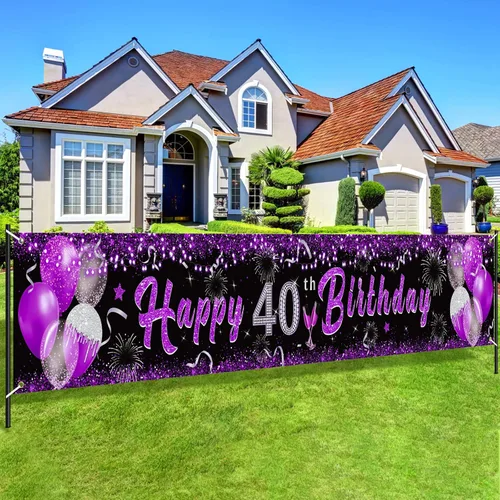 Decoraciones moradas de 40 cumpleaños para mujer, color negro, morado y plateado, cartel de feliz cumpleaños de 40 años para patio de 40 años,