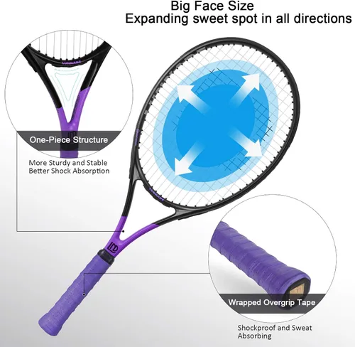 Miniatura 2 de Raqueta de tenis para adultos de 27 pulgadas, raqueta de tenis de fibra de carbono a prueba de golpes, ligera, pre-cordada y con empuñadura, Negro