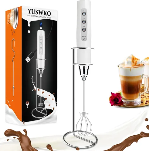 Miniatura 18 de YUSWKO - Espumador de leche recargable de mano con 3 cabezas, mezclador de bebidas con 3 velocidades ajustables para latte, cappuccino, chocolate