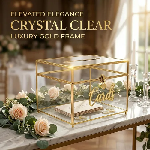 Miniatura 4 de Caja de tarjetas de boda con cierre de corazón, caja de tarjetas de vidrio de metal grande con marco dorado para recepción de fiestas, bodas, baby