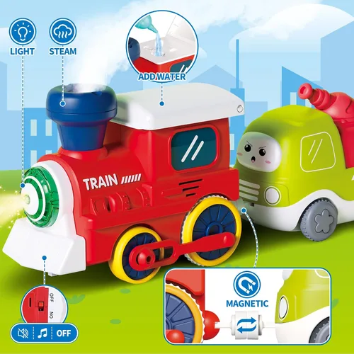 Miniatura 5 de Juego de Tren para Niños Pequeños con Vapor, Sonido y Luces, Juguetes para Niños de 2 a 4 años, Juego de Tren Eléctrico con Pistas y Señales