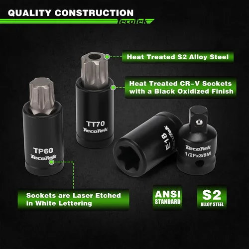 Miniatura 3 de TecoTek Juego de 67 piezas Master Torx Bit Socket y Enchufe Torx Externo, unidades de 1/4", 3/8" y 1/2", acero S2 y Cr-V, E4 - E24, T6 - T70, TT6